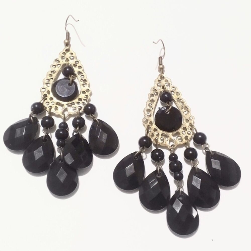 Gunmetal Silver Filigree and Black Bead Chandelier Earrings - Picture 4 of 8